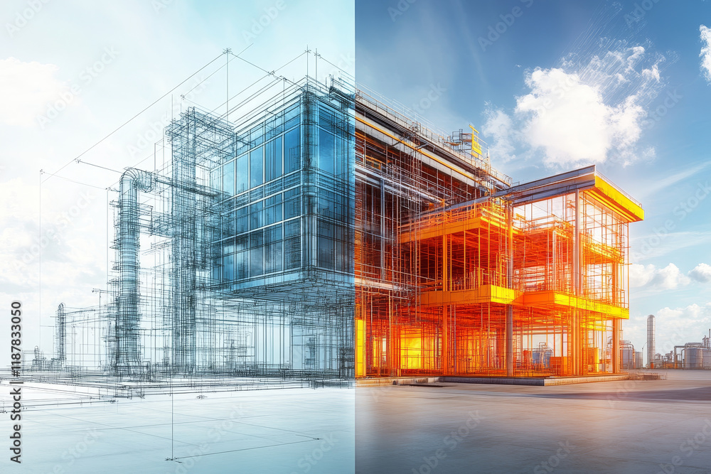 Poster architectural visualization showcasing modern building design with structure and detail