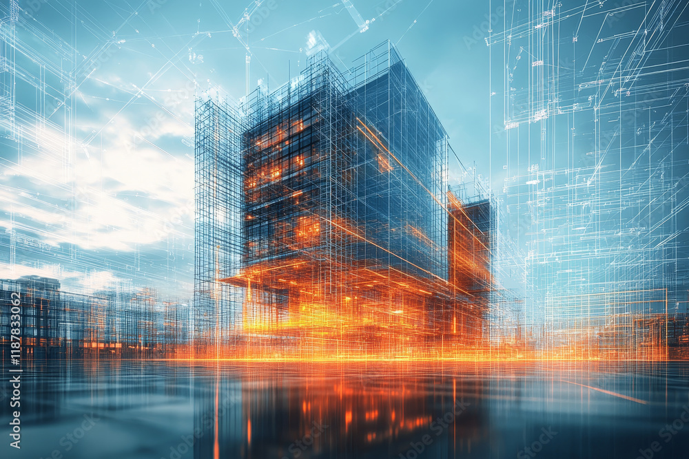 Poster architectural visualization of modern building with dynamic structures