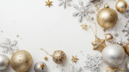 Fototapeta premium Festive Christmas ornaments and snowflakes on white background with gold and silver baubles, stars, and a touch of sparkle.