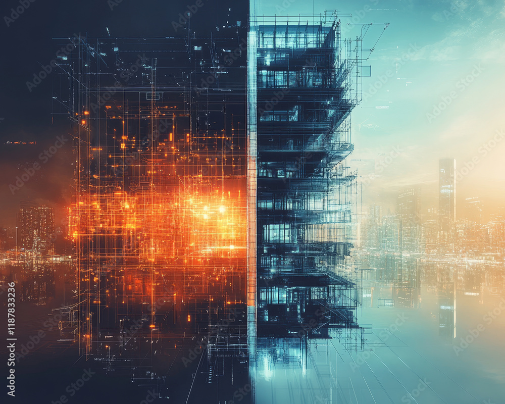 Poster architectural visualization showcasing contrasting structures in vibrant colors
