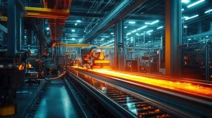 Obraz premium Glass manufacturing factory interior with robotic equipment, glowing molten glass, and precision shaping tools on a production line