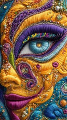 A mesmerizing and captivating surreal portrait featuring an intricately detailed face adorned with vibrant ornate jewelry and patterns creating a visually stunning and imaginative digital