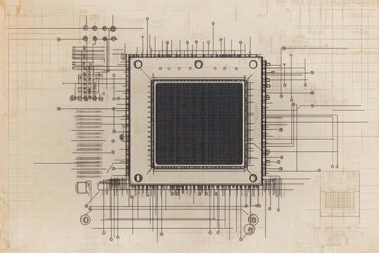 Detailed Illustration of a Microchip with Circuit Board Lines on Vintage Textured Background for Technology and Innovation Themes