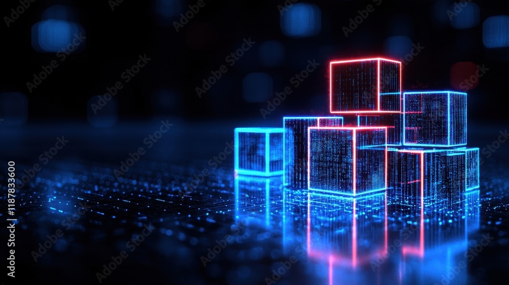 Aufkleber neon cubes glowing in the dark with digital patterns and reflections in a cyber environment