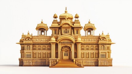 Obraz premium Golden Palace exterior in 3D animation, emphasizing its intricate designs and gleaming surfaces, isolated on a clean white background