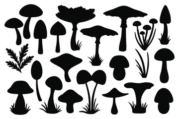 Forest mushrooms silhouettes set isolated flat vector illustration on white background.
