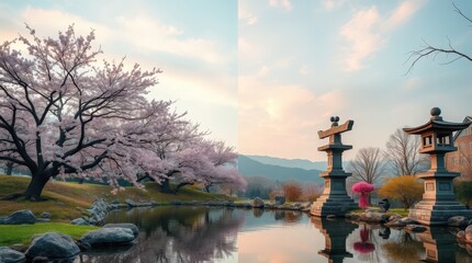 Fototapeta premium Serene Cherry Blossom Landscape with Lanterns and Water Reflection