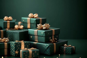 Fototapeta premium A stunningly wrapped collection of green gift boxes with gold ribbons, perfect for holiday celebrations, birthdays, or festive events, inviting joy and elegance.