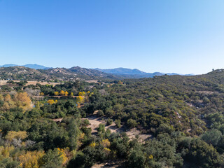 Obraz premium Aerial view of Campsites in the valley of Dos Picos County Park in Ramona, South California, USA