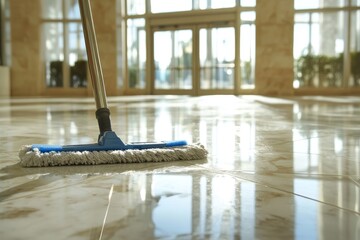 Sunlit marble floor being cleaned in modern building lobby