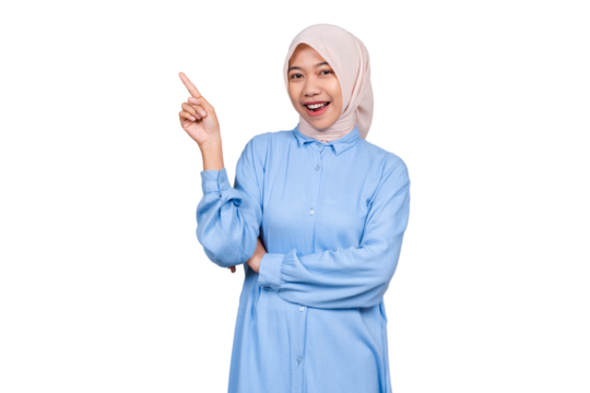Woman hijab pointing to the side isolated transparent