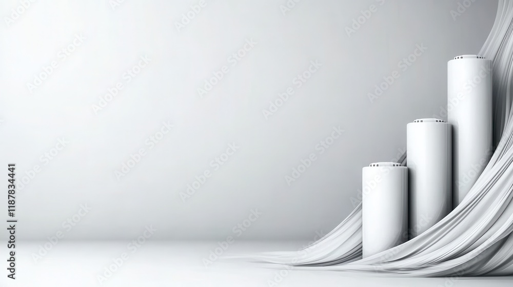 Poster abstract composition with cylinders and flowing fabric on blank minimalistic background