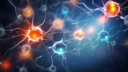 An artistic representation of neuron cells firing in the brain, with glowing dendrites 