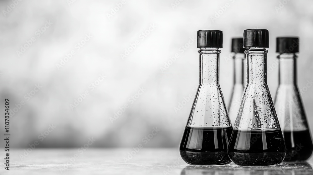 Poster unique laboratory glassware with dark liquid and bubbling effect on soft background