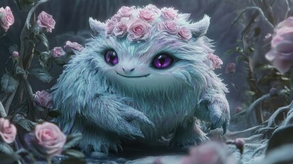 Obraz premium A cartoon figure with a blue and white monster with pink flowers on it