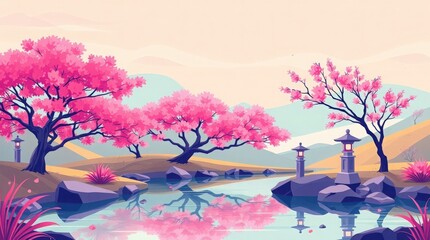 Tranquil Landscape with Cherry Blossom Trees and Serene Reflection