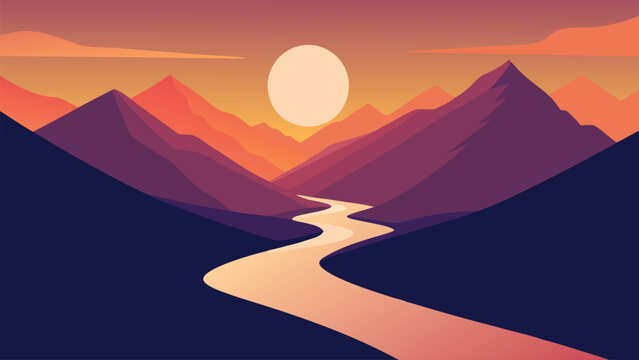  River winds through majestic mountains, illuminated by the warm hues of a stunning sunset flat vector illustration.