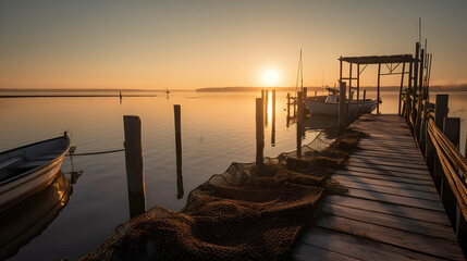 Fototapeta premium Sunrise over tranquil harbor, fishing boats moored at wooden dock