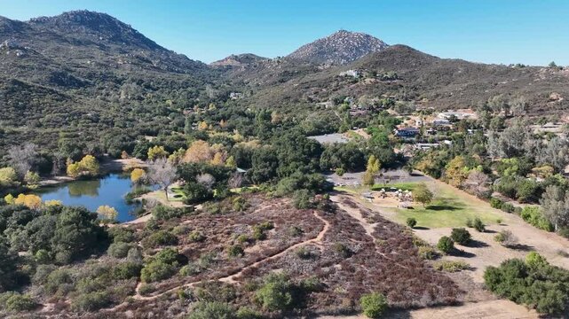Aerial view of Campsites in the valley of Dos Picos County Park in Ramona, South California, USA