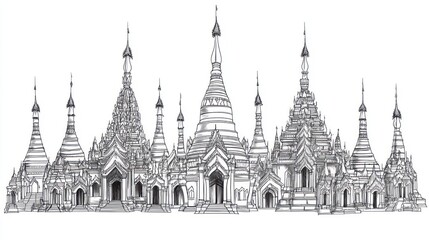 Obraz premium Illustration of Myanmar's golden pagoda group with clean black and white lines, featuring intricate spires and details on a plain white background