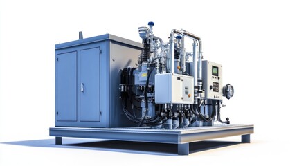 Industrial diesel generator in a compact design, featuring precision components and controls, on a pristine white background
