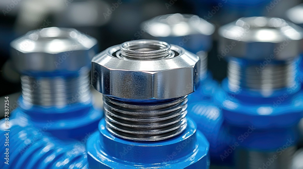 Poster precise industrial metal components: close-up view of shiny, chrome-plated machine parts in a blue s