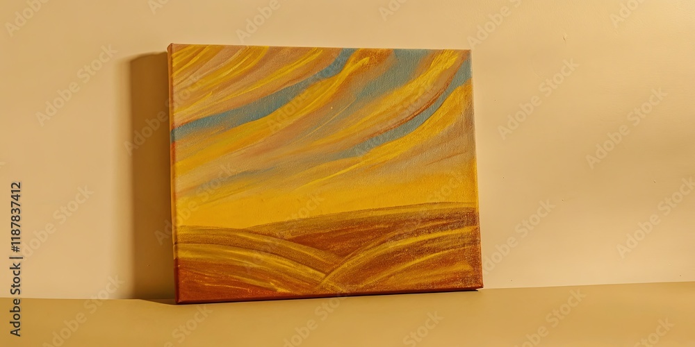 Poster a painting of a field with a yellow background and blue and green strokes