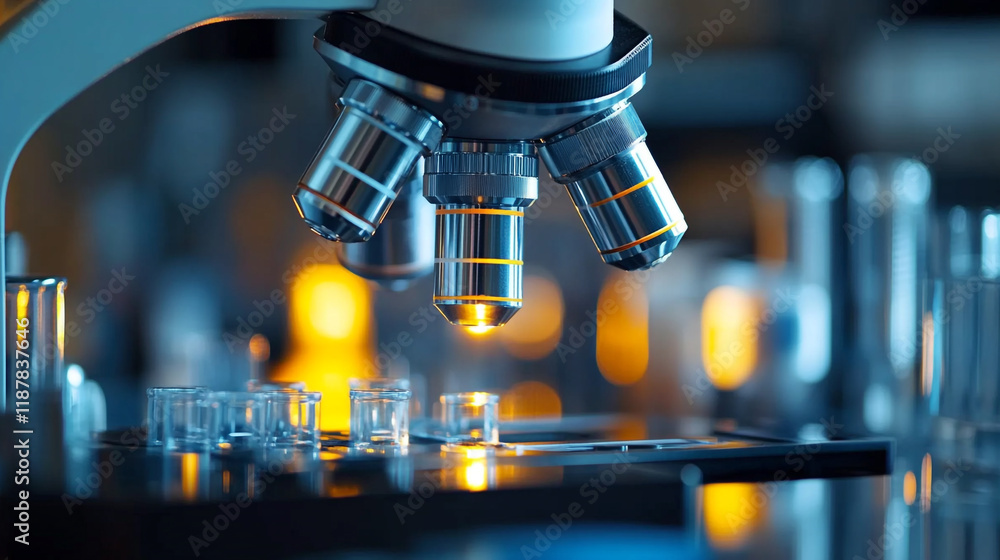 Poster advanced microscope highlighting scientific research and analysis in a laboratory environment