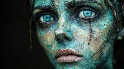 Woman with teal cracked makeup, intense blue eyes, dark background, theatrical/artistic use.