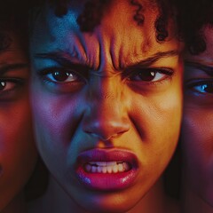 Woman with triple exposure portrait expressing anger and frustration.