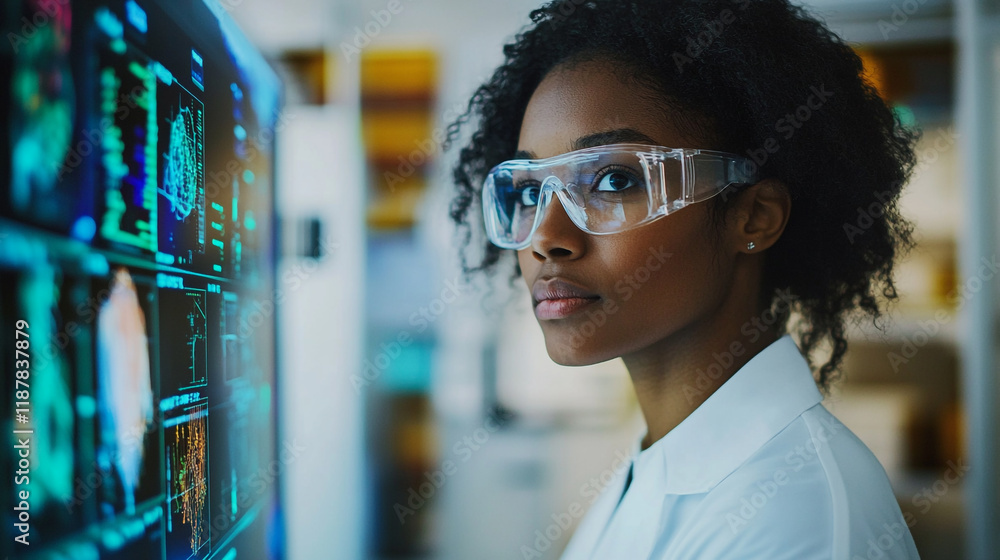 Poster scientist analyzing data in laboratory with futuristic monitors during daytime