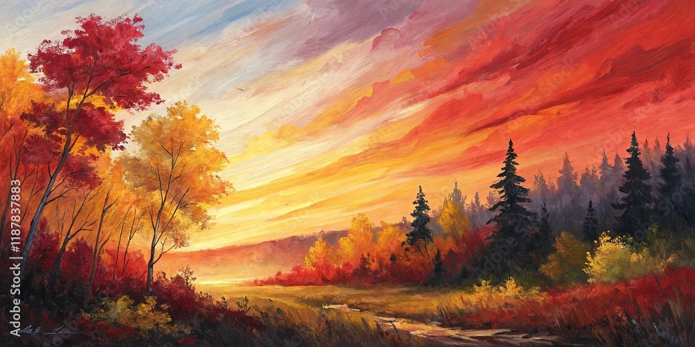 Poster a painting of a forest with a river and a sunset in the background