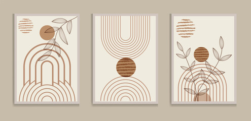 Botanical green wall art vector set. Boho foliage line art drawing with abstract shape. Abstract Plant Art design for print, cover, wallpaper, Minimal and natural wall art.
