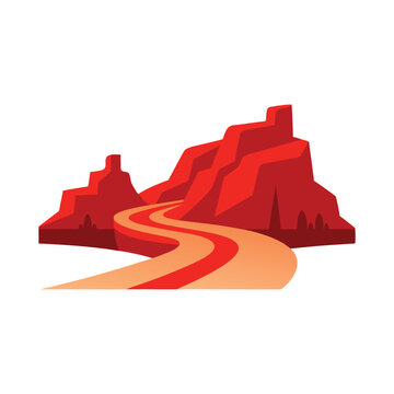  Red rock canyon with a curving dirt road isolated flat vector illustration on white background