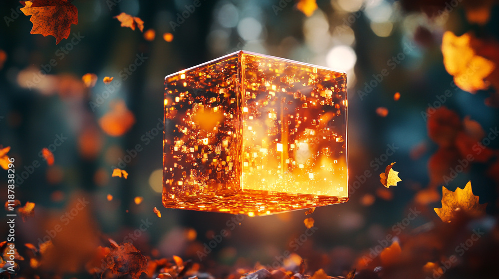 Poster floating luminous cube surrounded by autumn leaves in a tranquil forest setting