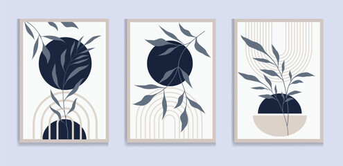 Botanical green wall art vector set. Boho foliage line art drawing with abstract shape. Abstract Plant Art design for print, cover, wallpaper, Minimal and natural wall art.