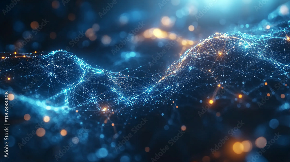 Poster network of glowing particles creating a digital landscape in a futuristic environment