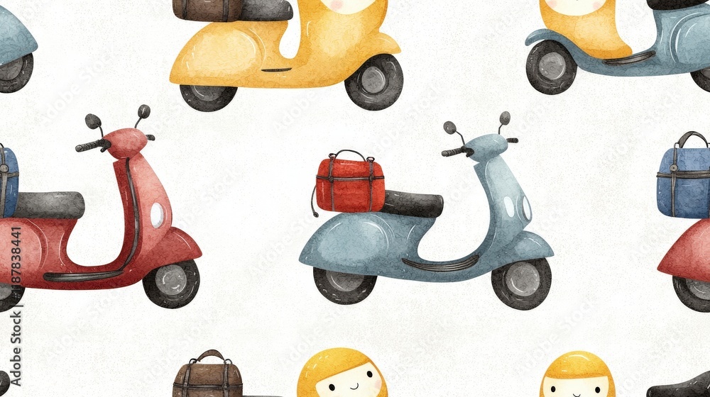 Poster colorful vintage scooters with bags and cheerful characters in playful pattern design for background