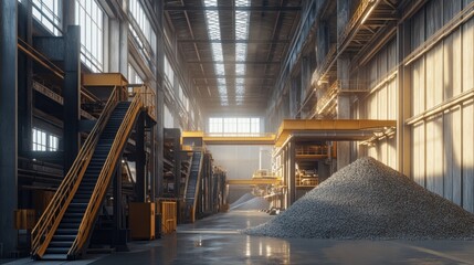 Fototapeta premium Large pile manufacturing plant interior with raw materials entering one side and automated systems forming and stacking piles on the other