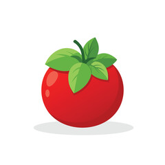 Tomato with basil leaves isolated flat vector illustration on white background