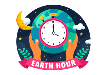 Happy Earth Hour Day Vector Illustration Featuring a Cloud, Light Bulb, World Map, and the Theme of Turning Off Lights in a Flat Cartoon Background