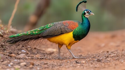 Obraz premium Vibrant Male Peacock Displaying Colorful Feathers in Natural Habitat Under Bright Daylight