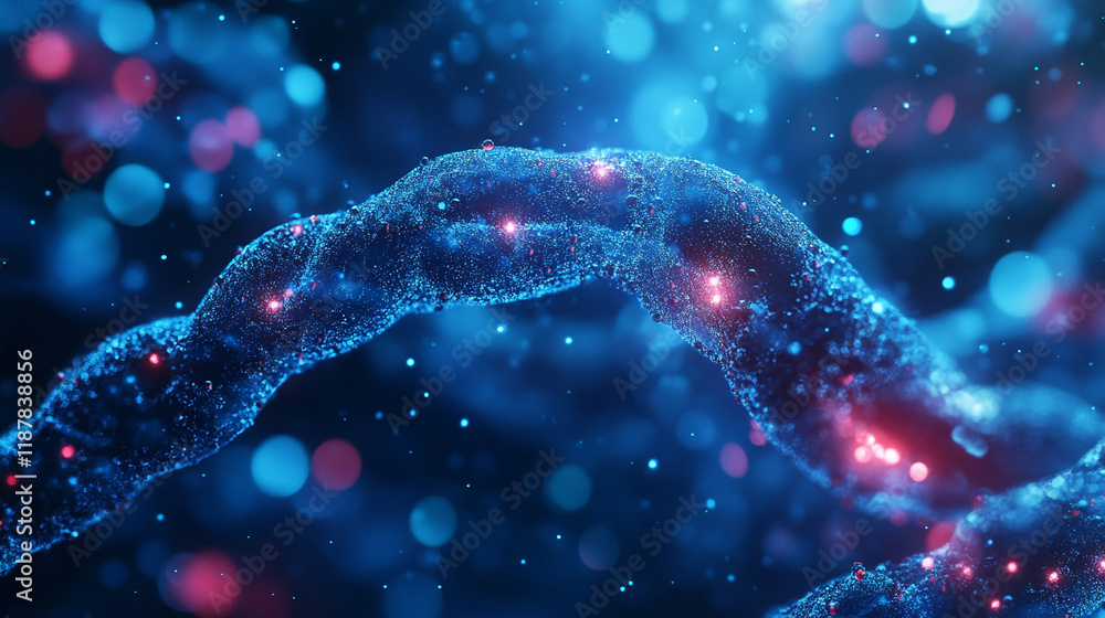 Poster microscopic view of a vibrant dna strand illuminated by colorful light in a dark setting