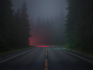 Fototapeta premium cinematic dark spruce forest at misty night, red and green light wet asphalt road heading forward