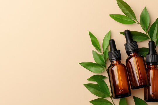 Four amber glass dropper bottles arranged artistically with fresh green leaves on a neutral background for essential oils, herbal extracts, or beauty products