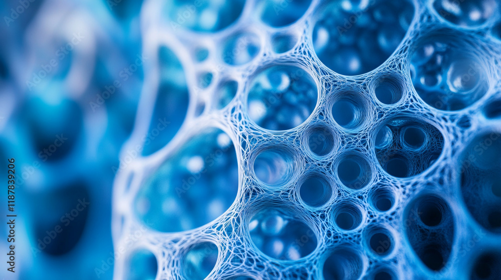 Poster intricate patterns of blue bubbles and textures in a close-up view