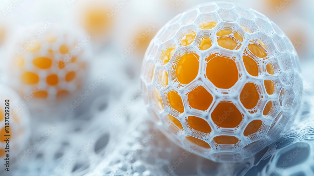 Poster unique cellular structures with orange elements highlighting intricate details of science