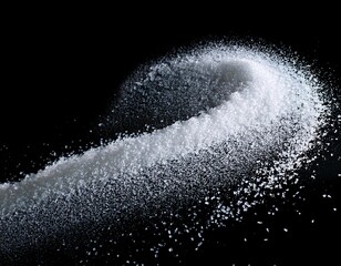 White granulated sugar flying through the air, scattered against the black background creates a dramatic contrast.