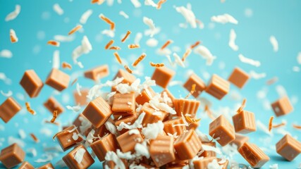 Caramel Cubes Suspended in a Cloud of Sweet Coconut Flakes Against a Vibrant Blue Background
