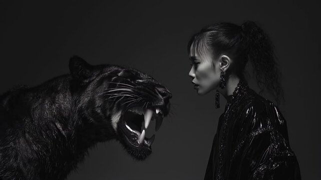 Studio environment with minimalist dark space. Sharp contrast lighting creates dramatic shadows. Woman in glossy black attire faces fierce black panther in profile. 